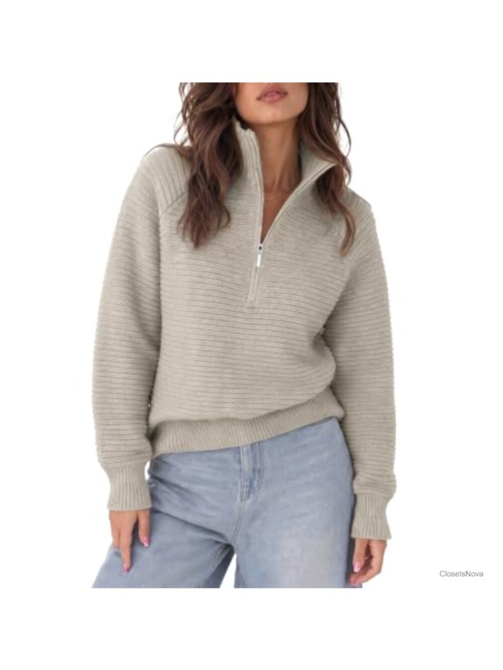 Oversized Quarter Zip Knit Pullover Sweater Stand Collar Long Sleeve